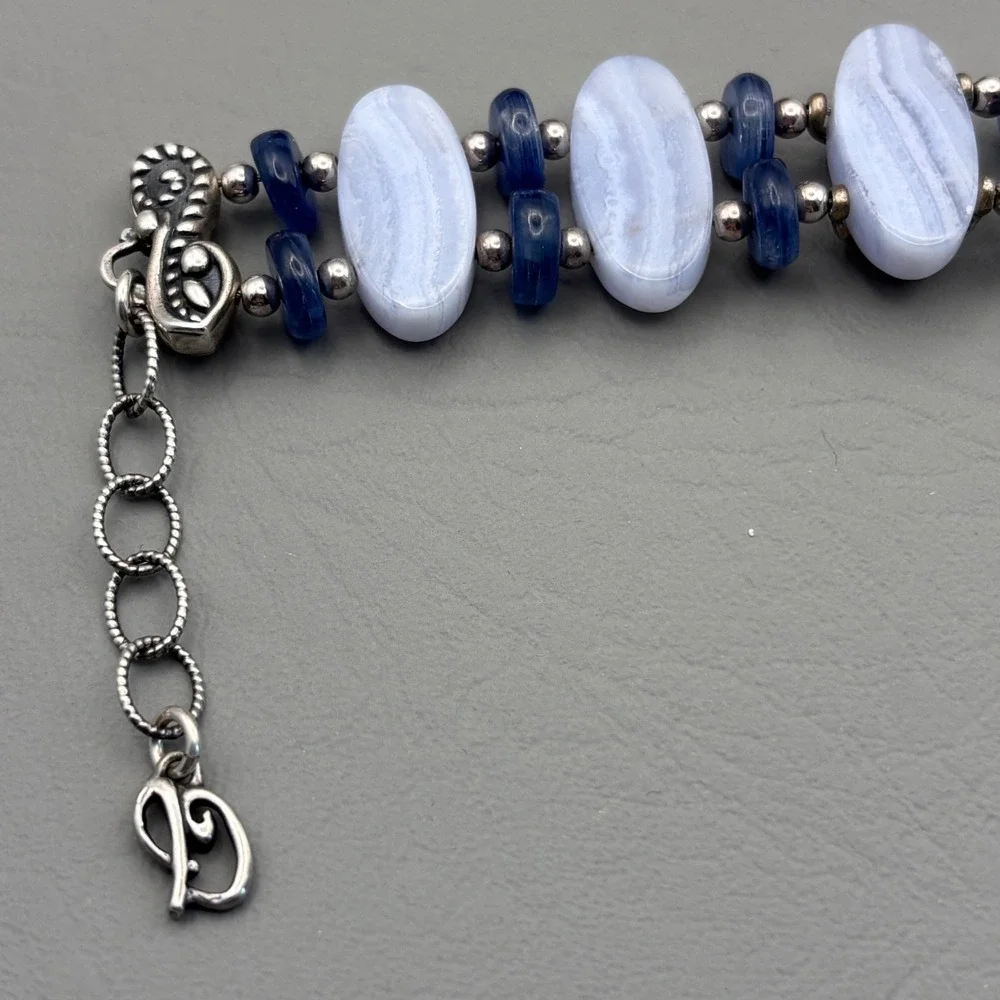 Vintage Carolyn Pollack Half Moon Bay Link Bracelet 925 Blue Lace Agate Kyanite